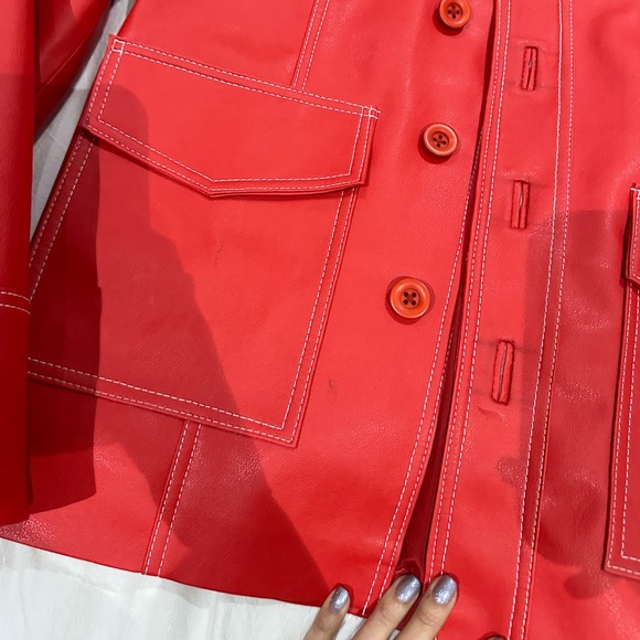 Red Boxy Pleather Coat - Picture 6 of 9